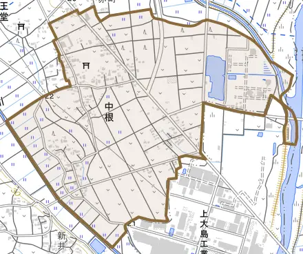 中根とその周辺の地図。町の範囲を重ねている