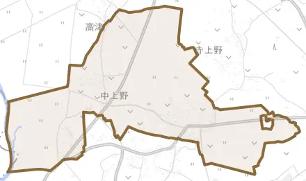 中上野とその周辺の地図。町の範囲を重ねている