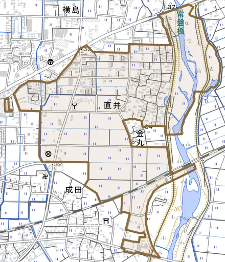直井とその周辺の地図。町の範囲を重ねている