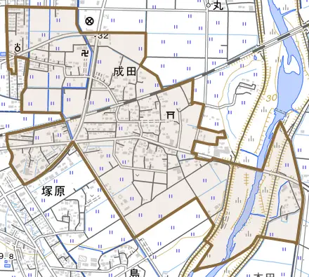 成田とその周辺の地図。町の範囲を重ねている