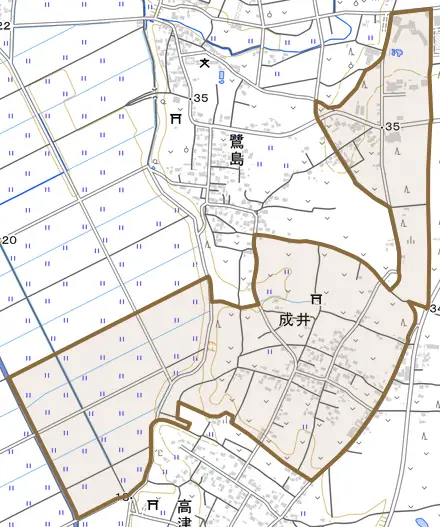成井とその周辺の地図。町の範囲を重ねている