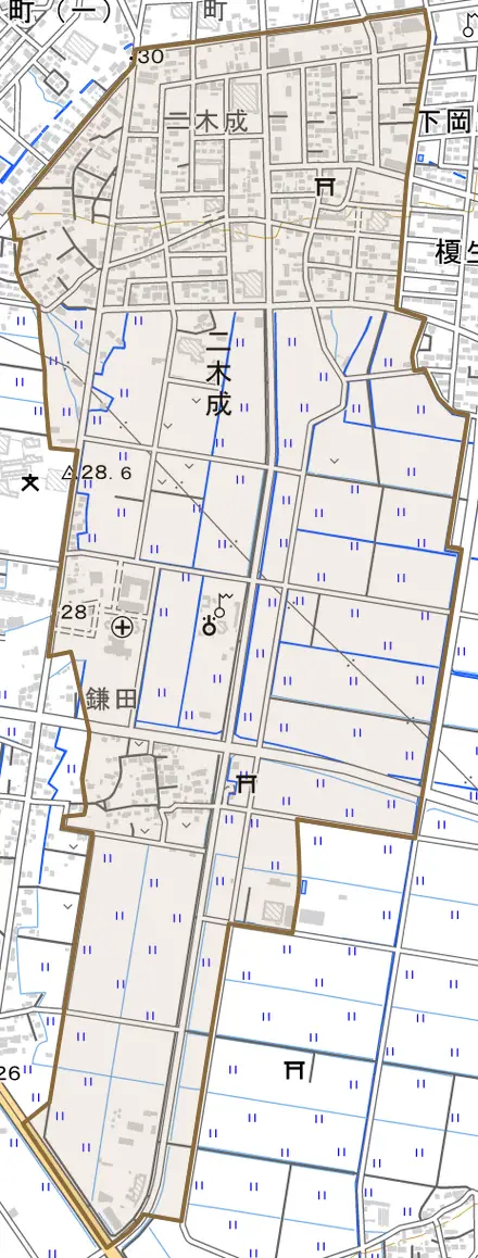 二木成とその周辺の地図。町の範囲を重ねている
