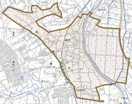西方とその周辺の地図。町の範囲を重ねている
