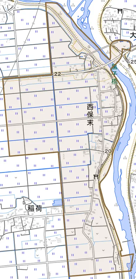 西保末とその周辺の地図。町の範囲を重ねている