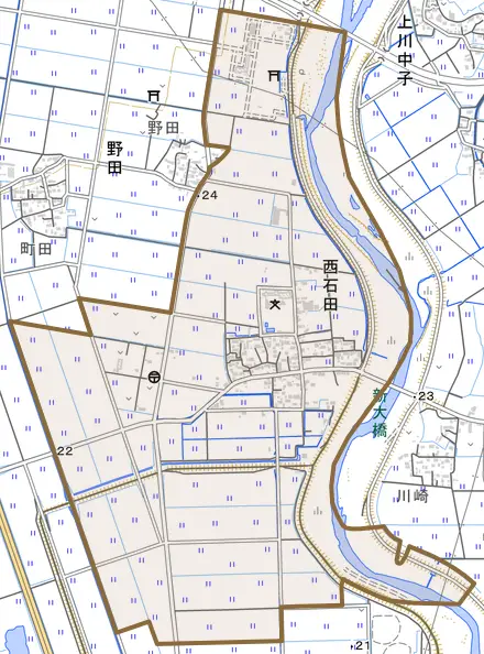 西石田とその周辺の地図。町の範囲を重ねている