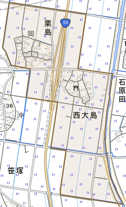 西大島とその周辺の地図。町の範囲を重ねている