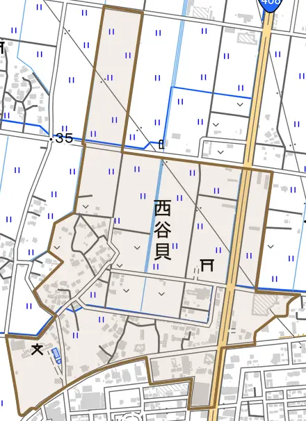 西谷貝とその周辺の地図。町の範囲を重ねている