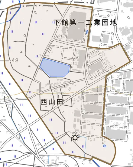 西山田とその周辺の地図。町の範囲を重ねている