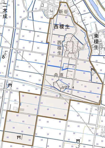西榎生とその周辺の地図。町の範囲を重ねている