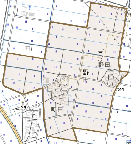 野田とその周辺の地図。町の範囲を重ねている