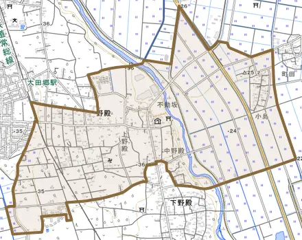 野殿とその周辺の地図。町の範囲を重ねている
