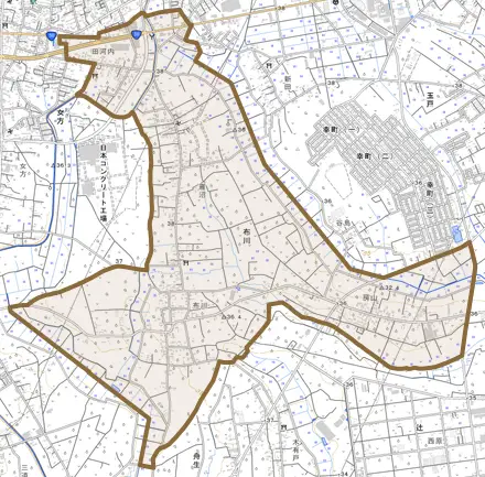 布川とその周辺の地図。町の範囲を重ねている