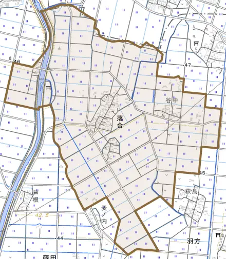 落合とその周辺の地図。町の範囲を重ねている