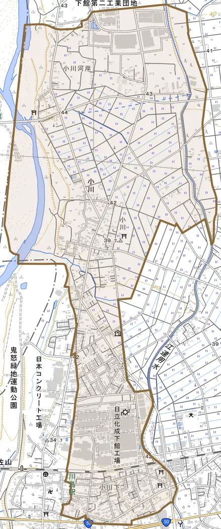 小川とその周辺の地図。町の範囲を重ねている