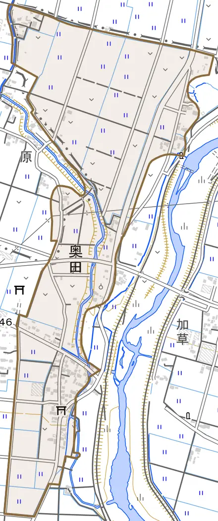 奥田とその周辺の地図。町の範囲を重ねている