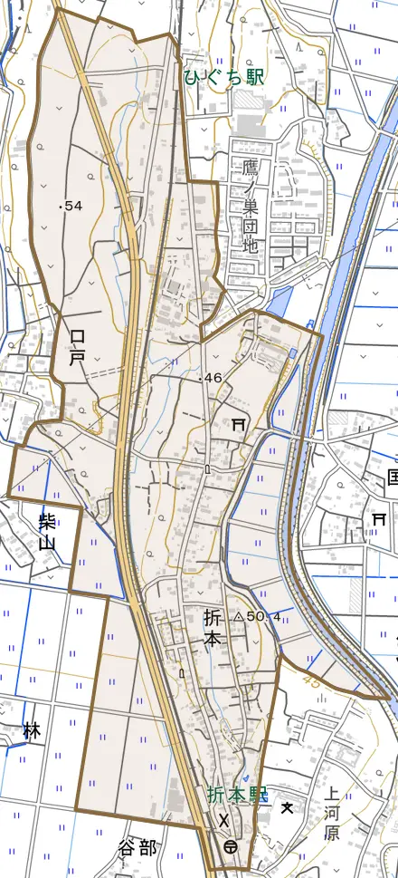 折本とその周辺の地図。町の範囲を重ねている