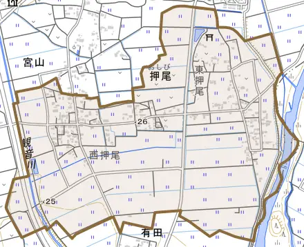 押尾とその周辺の地図。町の範囲を重ねている