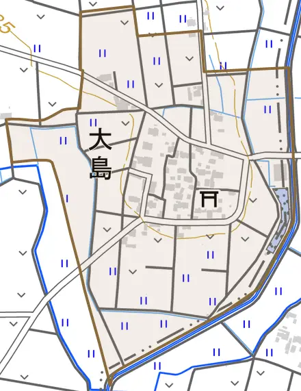 大島とその周辺の地図。町の範囲を重ねている