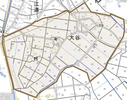 大谷とその周辺の地図。町の範囲を重ねている