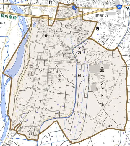 女方とその周辺の地図。町の範囲を重ねている