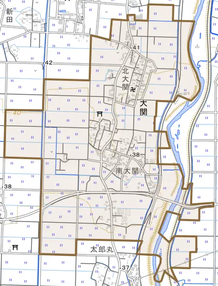 大関とその周辺の地図。町の範囲を重ねている