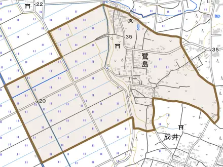 鷺島とその周辺の地図。町の範囲を重ねている