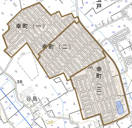 幸町とその周辺の地図。町の範囲を重ねている