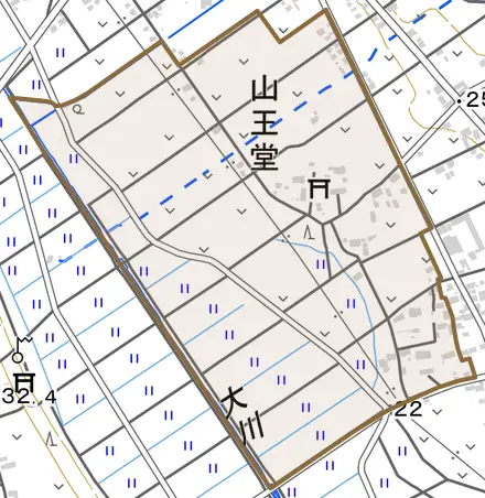 山王堂とその周辺の地図。町の範囲を重ねている
