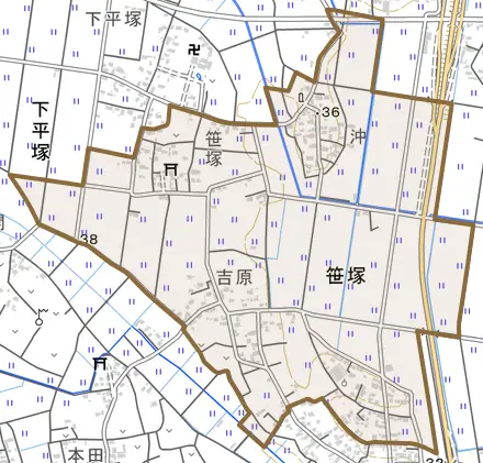 笹塚とその周辺の地図。町の範囲を重ねている