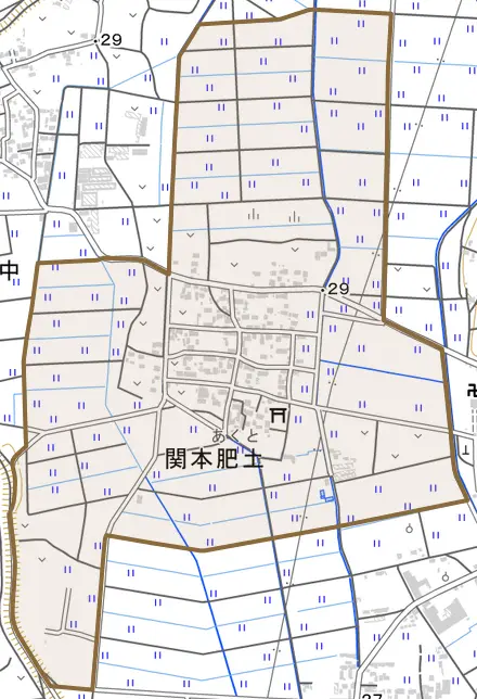 関本肥土とその周辺の地図。町の範囲を重ねている