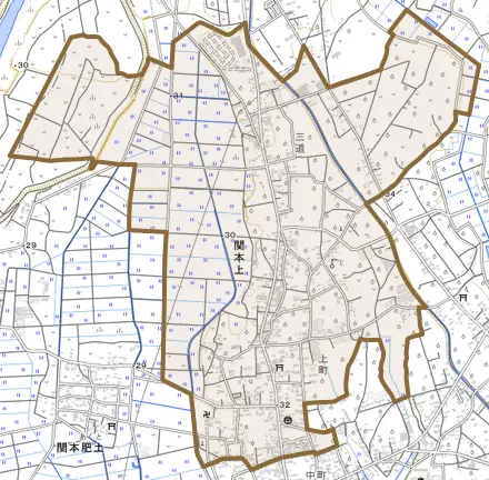 関本上とその周辺の地図。町の範囲を重ねている