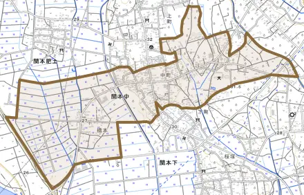 関本中とその周辺の地図。町の範囲を重ねている