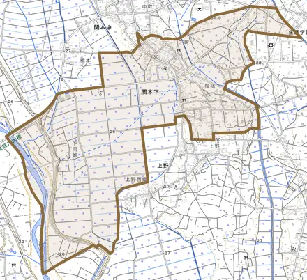 関本下とその周辺の地図。町の範囲を重ねている