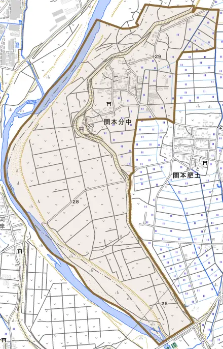 関本分中とその周辺の地図。町の範囲を重ねている
