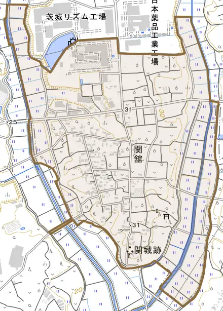 関舘とその周辺の地図。町の範囲を重ねている