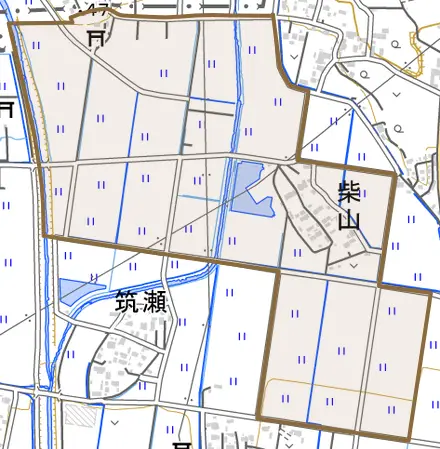 柴山とその周辺の地図。町の範囲を重ねている