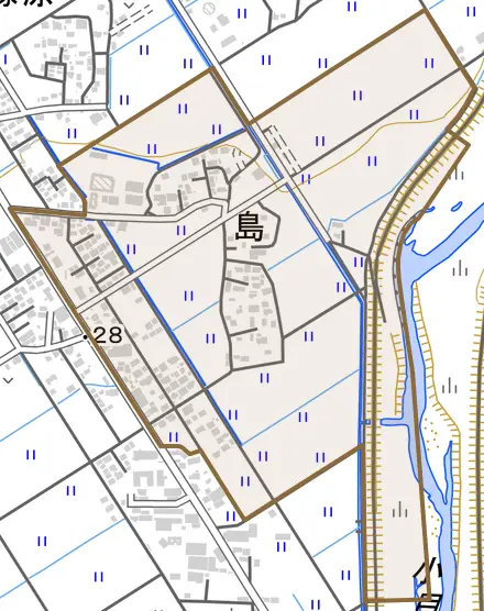 島とその周辺の地図。町の範囲を重ねている