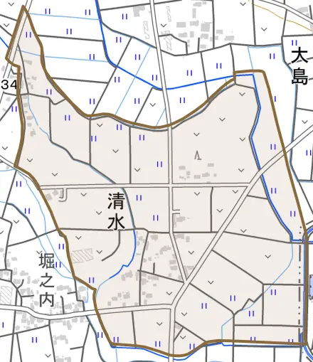 清水とその周辺の地図。町の範囲を重ねている