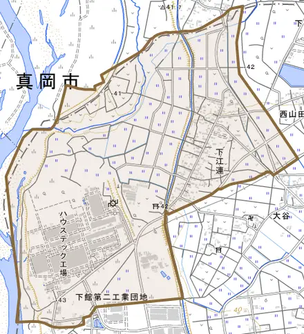 下江連とその周辺の地図。町の範囲を重ねている