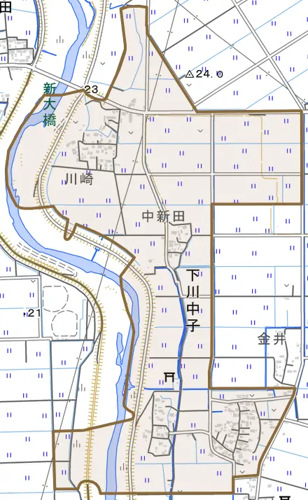 下川中子とその周辺の地図。町の範囲を重ねている