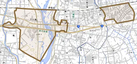 下川島とその周辺の地図。町の範囲を重ねている
