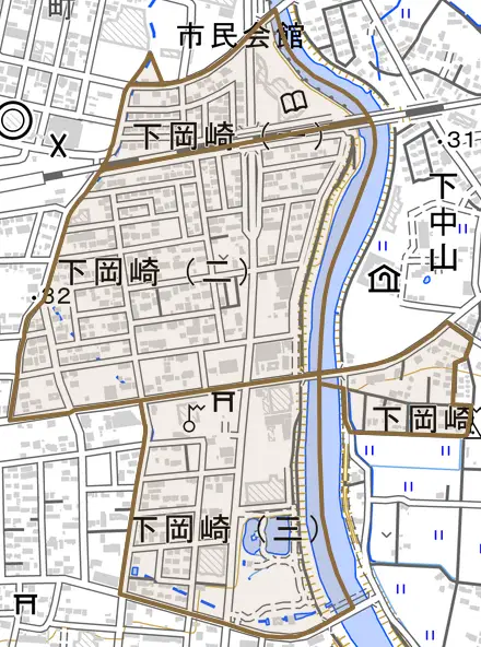 下岡崎とその周辺の地図。町の範囲を重ねている