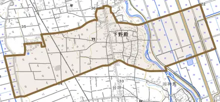 下野殿とその周辺の地図。町の範囲を重ねている