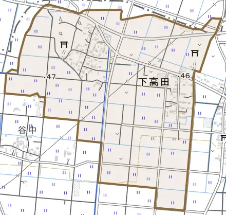 下高田とその周辺の地図。町の範囲を重ねている