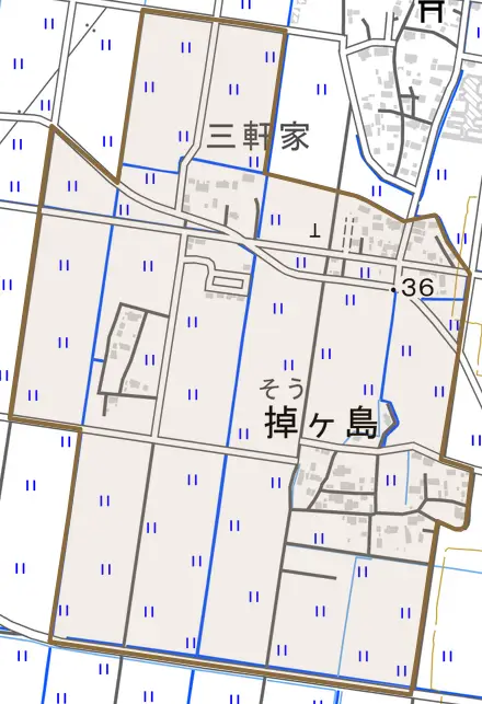 掉ヶ島とその周辺の地図。町の範囲を重ねている