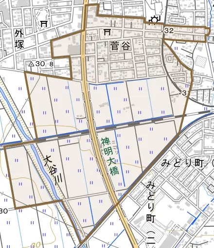 菅谷とその周辺の地図。町の範囲を重ねている