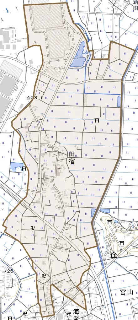 田宿とその周辺の地図。町の範囲を重ねている