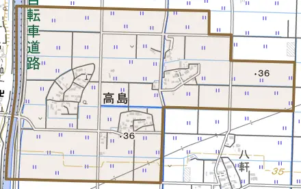 高島とその周辺の地図。町の範囲を重ねている