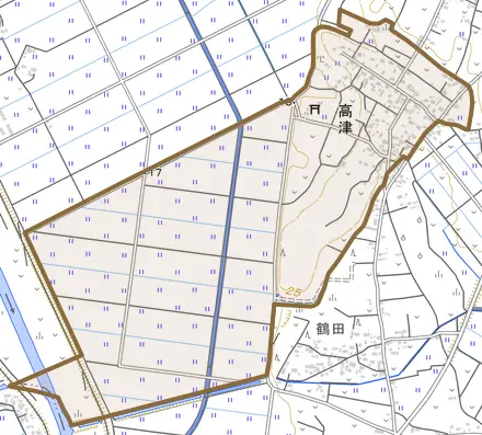 高津とその周辺の地図。町の範囲を重ねている