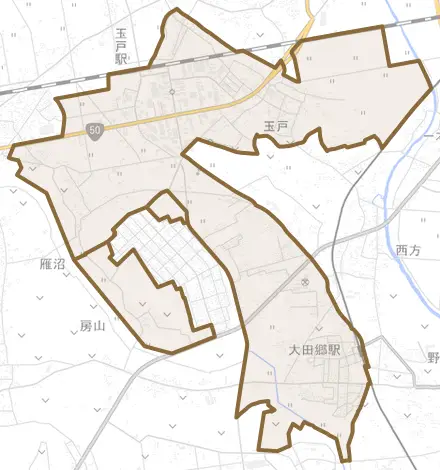 玉戸とその周辺の地図。町の範囲を重ねている